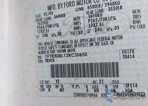 2003 Ford F-150 Lariat/Xl/Xlt from USA, damaged, VIN 1FTRX08L13KC50650